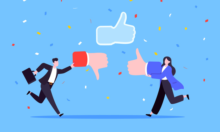 Customer feedback, employee or client satisfaction rating review with good or bad symbols - thumb up and down business concept vector illustration. Positive and negative feedback